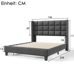 Redom Lit 140x200 cm tapissé en lin gris, tête de lit haute et rembourrée, sommier à lattes intégré, pieds noirs Online