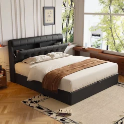 Redom Lit 160x200 cm tapissé en PU noir avec coffre de rangement hydraulique et tête de lit à rangement discret Sale