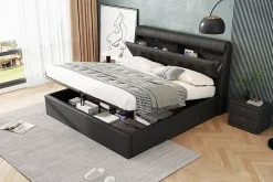 Redom Lit 160x200 cm tapissé en PU noir avec coffre de rangement hydraulique et tête de lit à rangement discret Sale