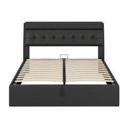 Redom Lit 160x200 cm tapissé en PU noir avec coffre de rangement hydraulique et tête de lit à rangement discret Sale
