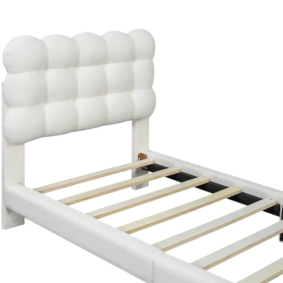 Redom Lit 90x200 cm tapissé en tissu peluche blanc avec tête de lit réglable 3 positions, structure MDF, style moderne et épuré Discount