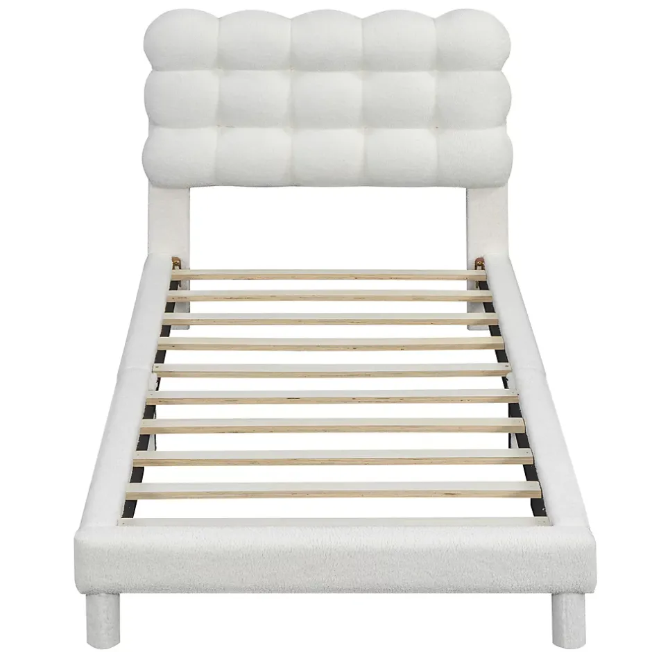 Redom Lit 90x200 cm tapissé en tissu peluche blanc avec tête de lit réglable 3 positions, structure MDF, style moderne et épuré Discount