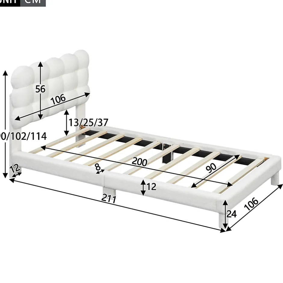 Redom Lit 90x200 cm tapissé en tissu peluche blanc avec tête de lit réglable 3 positions, structure MDF, style moderne et épuré Discount