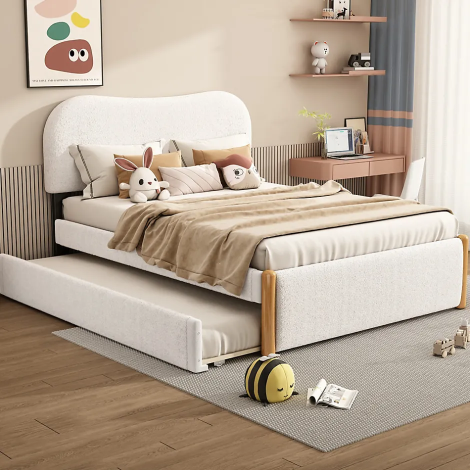 Redom Lit 140x200 cm tapissé en velours blanc avec lit gigogne rétractable et tête de lit minimaliste en MDF
