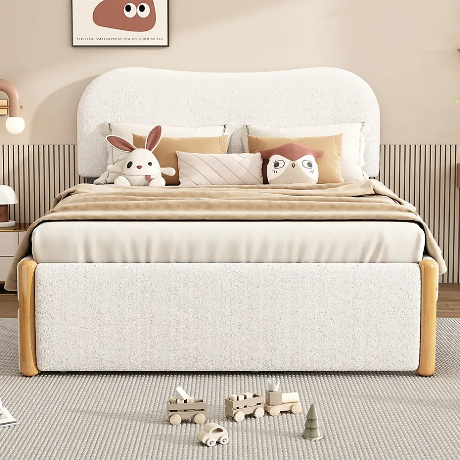 Redom Lit 140x200 cm tapissé en velours blanc avec lit gigogne rétractable et tête de lit minimaliste en MDF