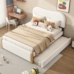 Redom Lit 140x200 cm tapissé en velours blanc avec lit gigogne rétractable et tête de lit minimaliste en MDF