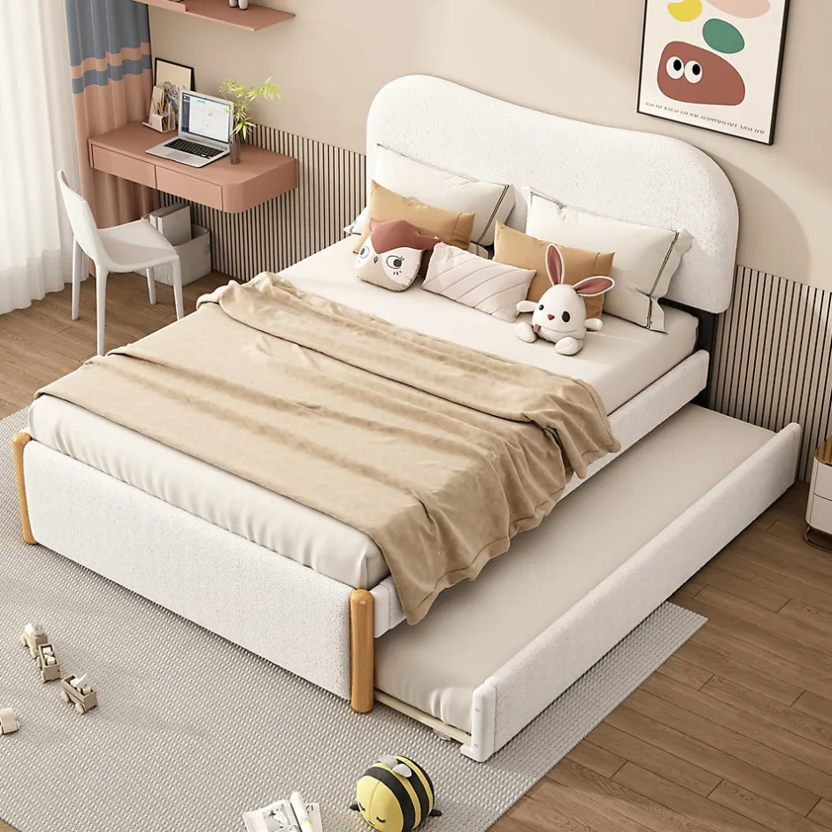 Redom Lit 140x200 cm tapissé en velours blanc avec lit gigogne rétractable et tête de lit minimaliste en MDF