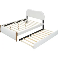 Redom Lit 140x200 cm tapissé en velours blanc avec lit gigogne rétractable et tête de lit minimaliste en MDF