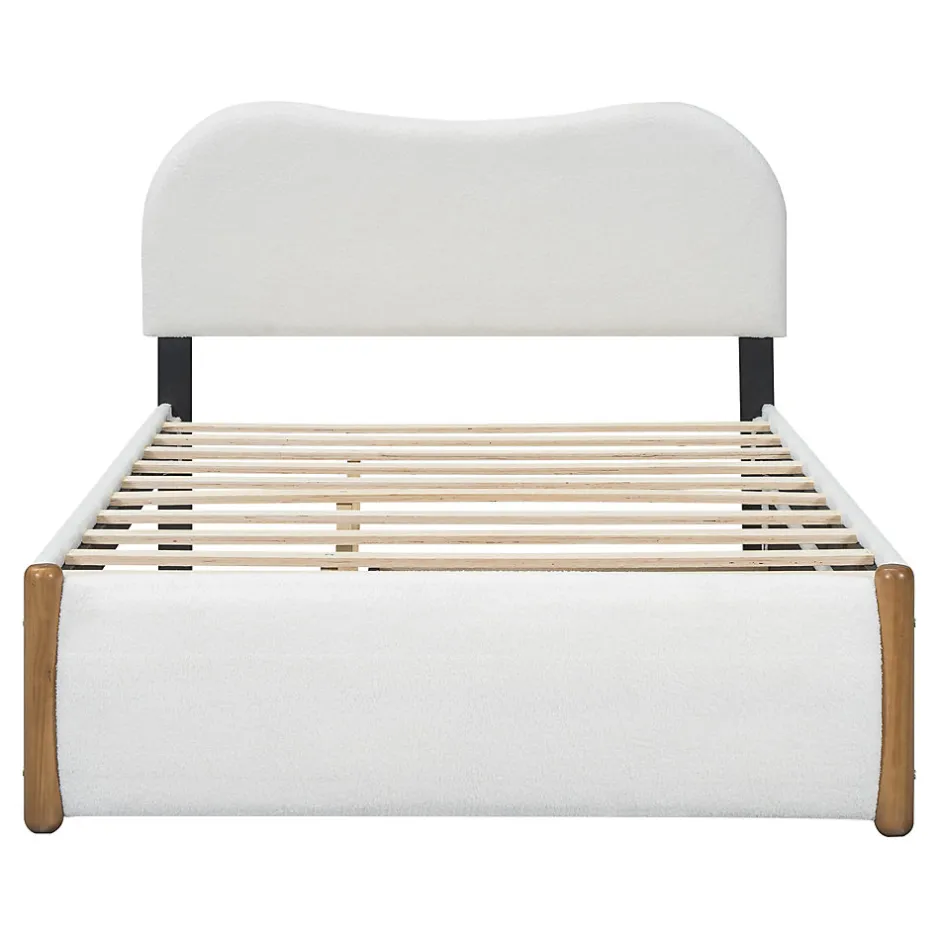 Redom Lit 140x200 cm tapissé en velours blanc avec lit gigogne rétractable et tête de lit minimaliste en MDF
