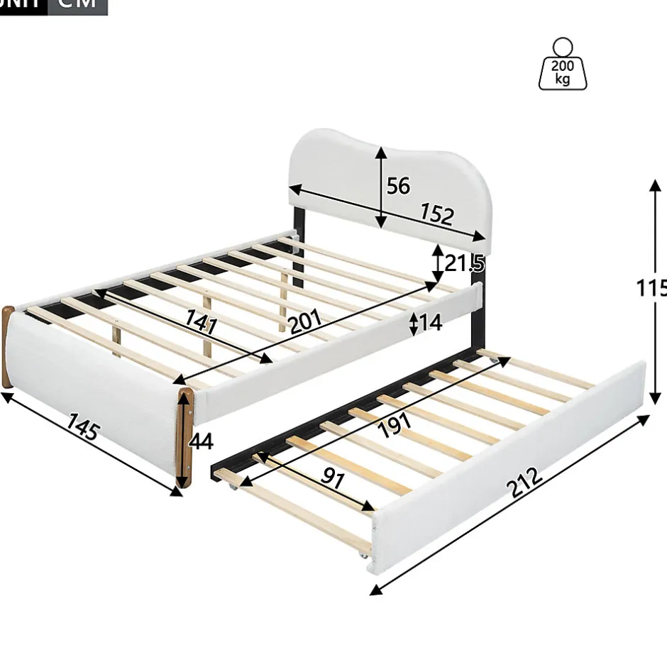 Redom Lit 140x200 cm tapissé en velours blanc avec lit gigogne rétractable et tête de lit minimaliste en MDF