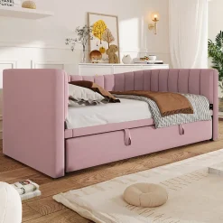 Redom Lit 90x200 cm tapissé en velours avec lit gigogne escamotable, convertible en sofa minimaliste rose