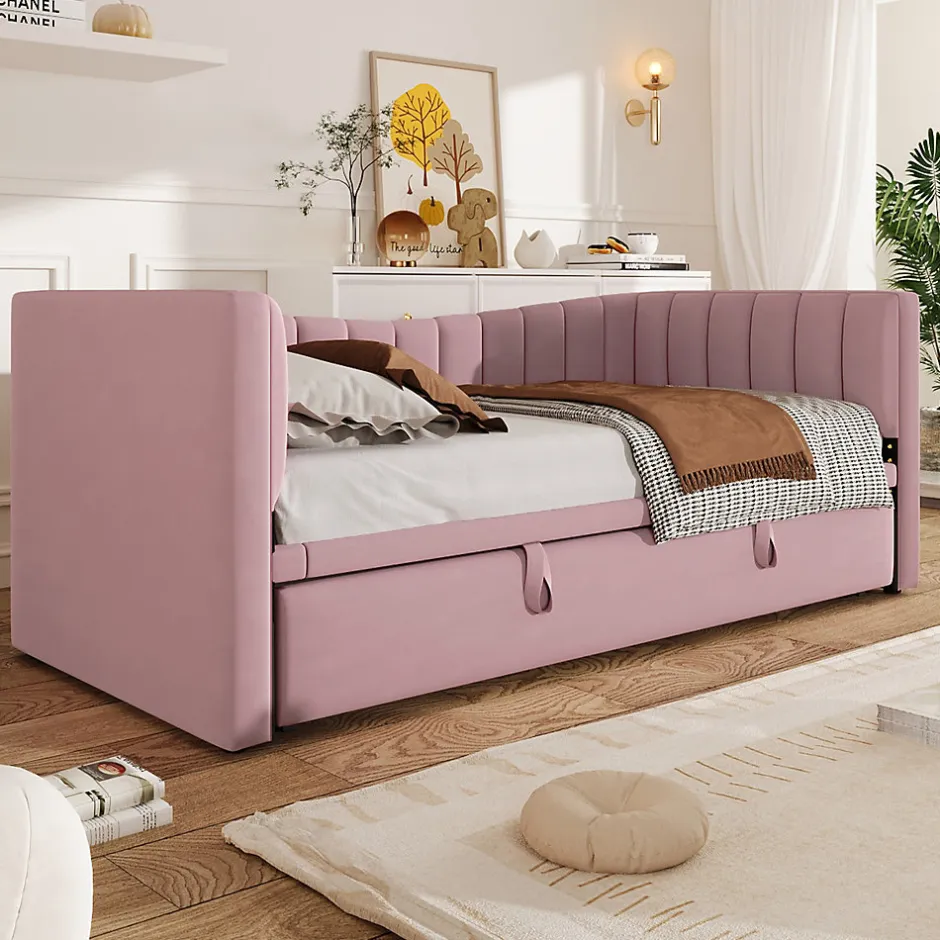 Redom Lit 90x200 cm tapissé en velours avec lit gigogne escamotable, convertible en sofa minimaliste rose