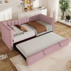 Redom Lit 90x200 cm tapissé en velours avec lit gigogne escamotable, convertible en sofa minimaliste rose