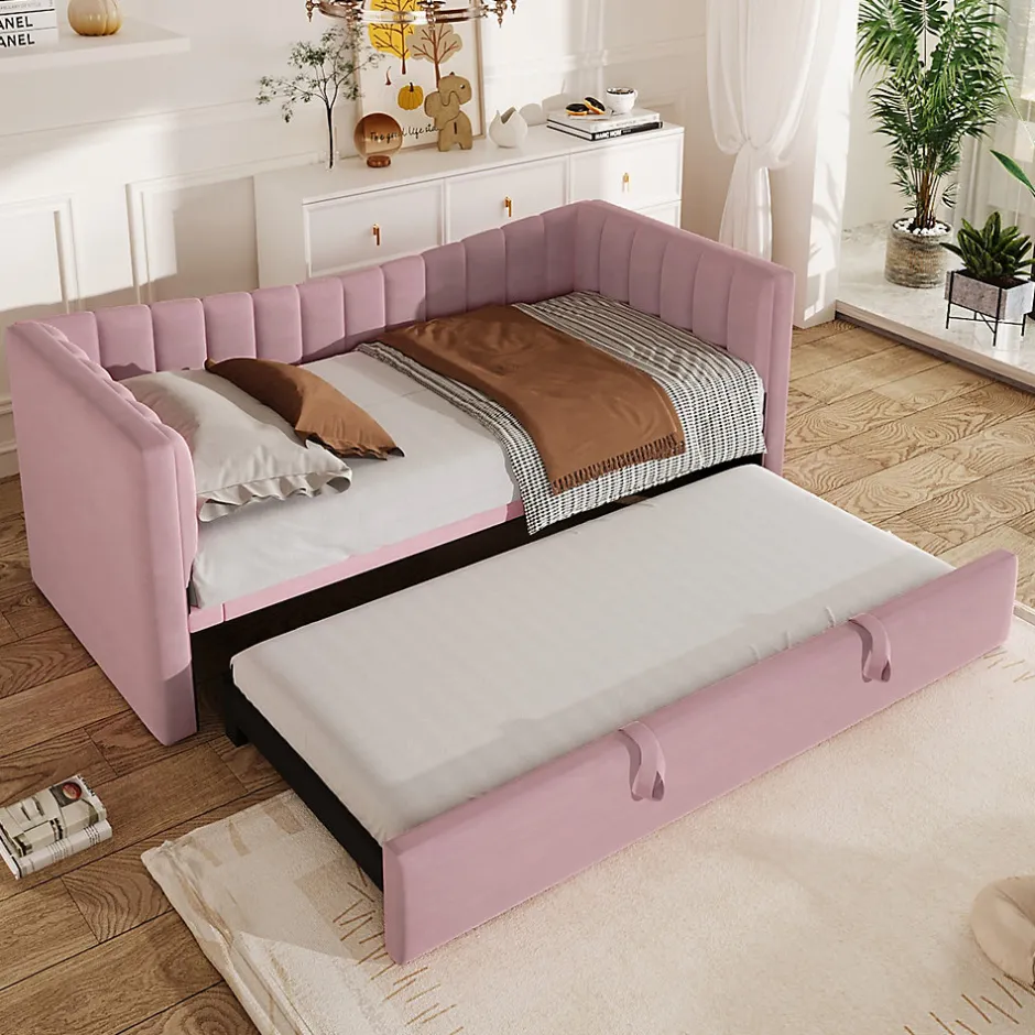 Redom Lit 90x200 cm tapissé en velours avec lit gigogne escamotable, convertible en sofa minimaliste rose