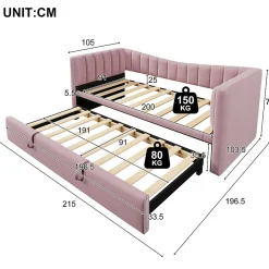 Redom Lit 90x200 cm tapissé en velours avec lit gigogne escamotable, convertible en sofa minimaliste rose