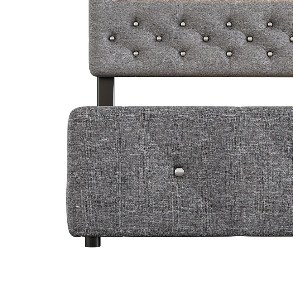 Redom Lit 140x200 cm tapissé gris avec 2 tiroirs, lit gigogne intégré et tête de lit réglable, design élégant
