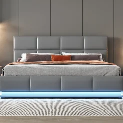 Redom Lit 160x200 cm tapissé gris avec tête de lit rembourrée, coffre de rangement hydraulique et éclairage LED