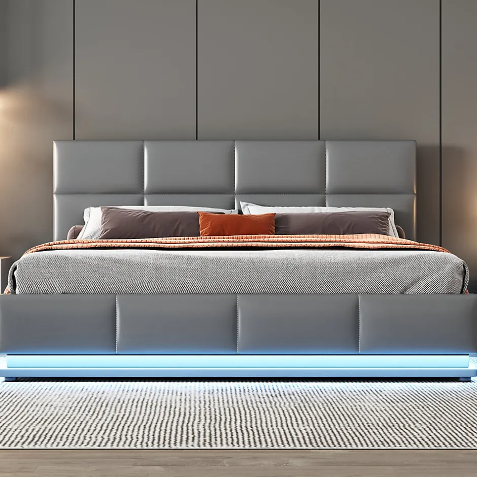 Redom Lit 160x200 cm tapissé gris avec tête de lit rembourrée, coffre de rangement hydraulique et éclairage LED