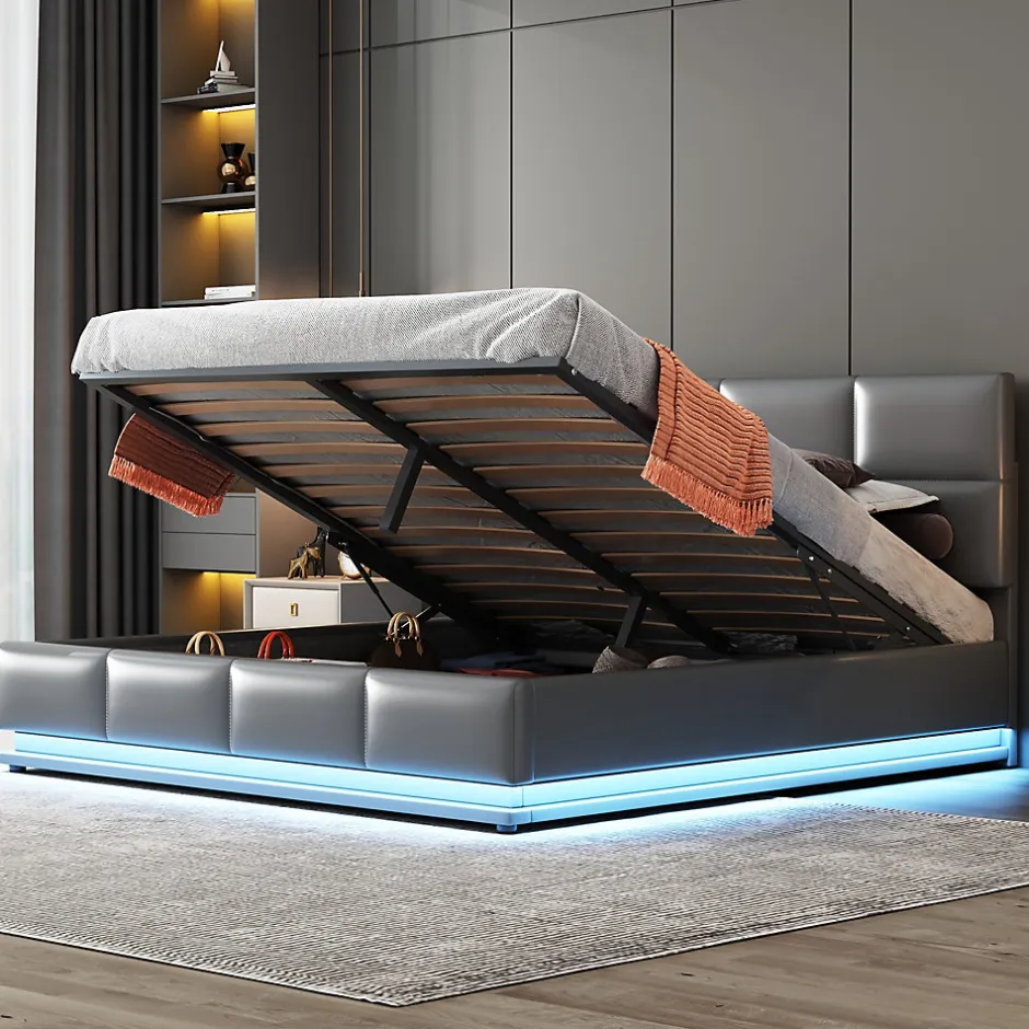 Redom Lit 160x200 cm tapissé gris avec tête de lit rembourrée, coffre de rangement hydraulique et éclairage LED