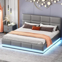 Redom Lit 160x200 cm tapissé gris avec tête de lit rembourrée, coffre de rangement hydraulique et éclairage LED