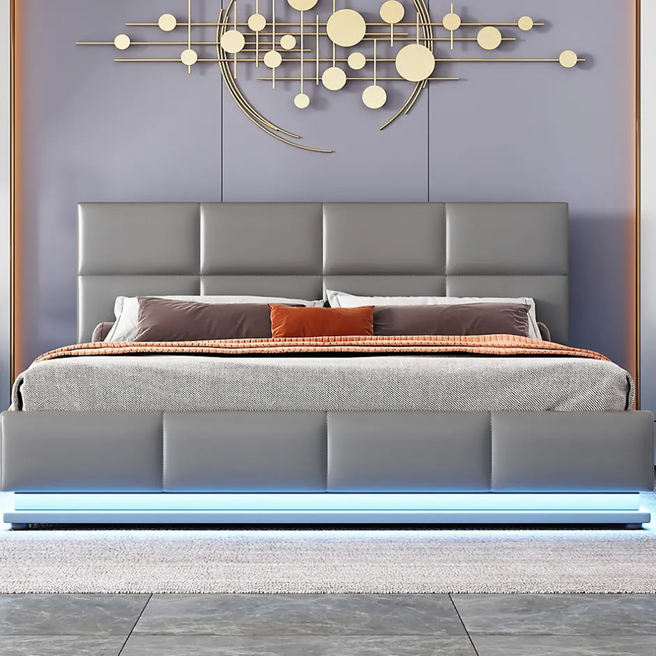Redom Lit 160x200 cm tapissé gris avec tête de lit rembourrée, coffre de rangement hydraulique et éclairage LED
