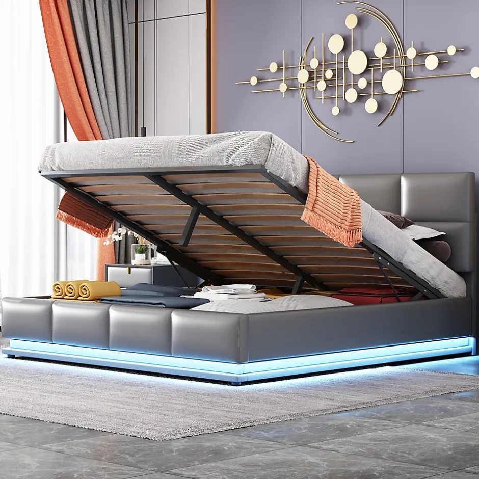 Redom Lit 160x200 cm tapissé gris avec tête de lit rembourrée, coffre de rangement hydraulique et éclairage LED