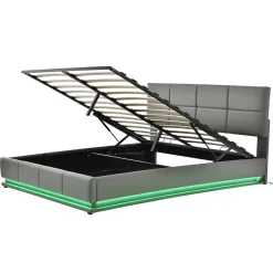 Redom Lit 160x200 cm tapissé gris avec tête de lit rembourrée, coffre de rangement hydraulique et éclairage LED