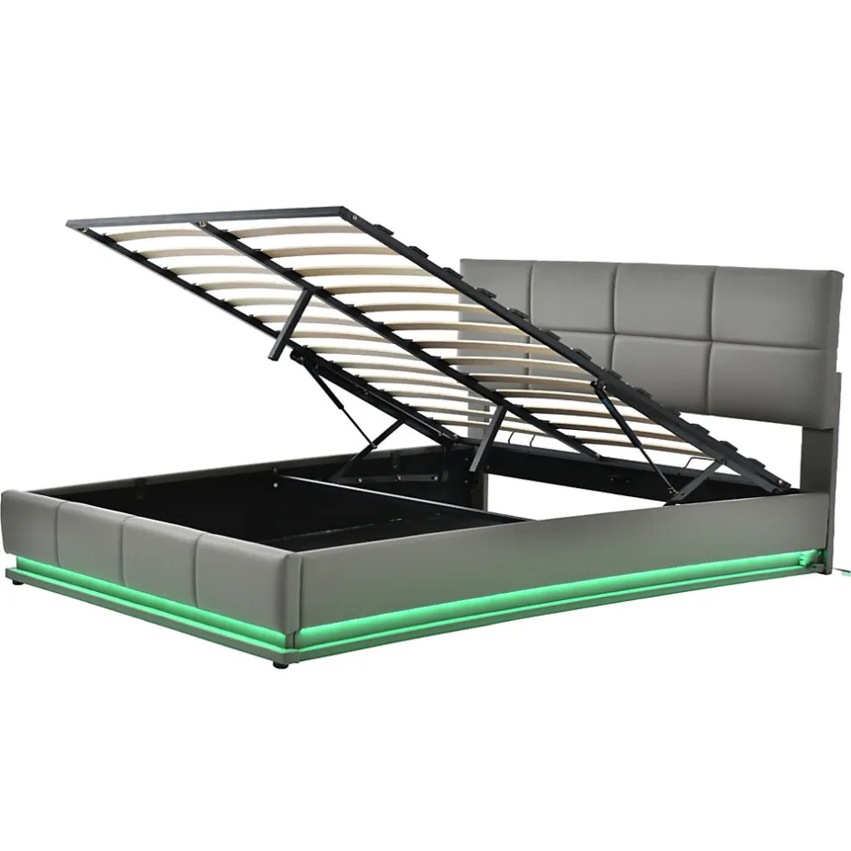 Redom Lit 160x200 cm tapissé gris avec tête de lit rembourrée, coffre de rangement hydraulique et éclairage LED