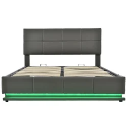 Redom Lit 160x200 cm tapissé gris avec tête de lit rembourrée, coffre de rangement hydraulique et éclairage LED