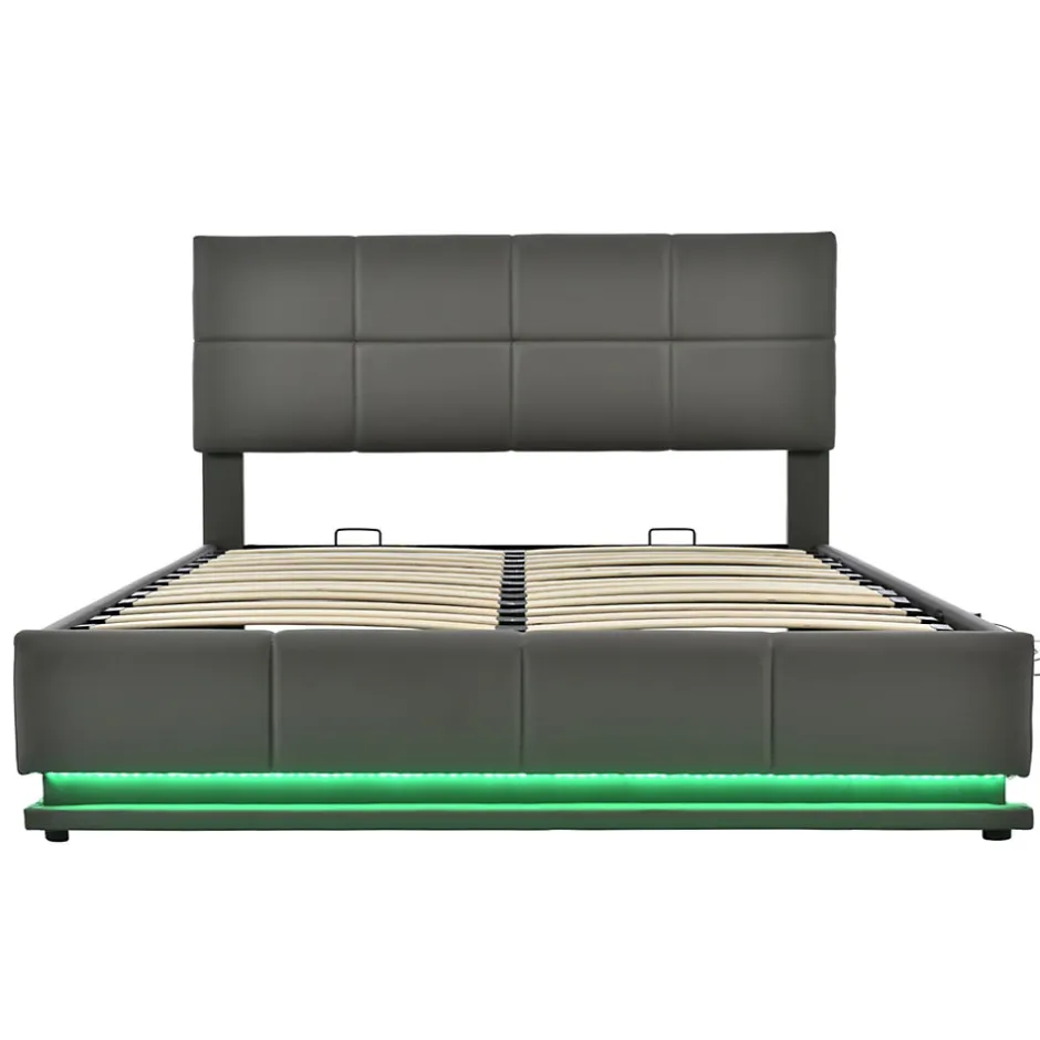 Redom Lit 160x200 cm tapissé gris avec tête de lit rembourrée, coffre de rangement hydraulique et éclairage LED