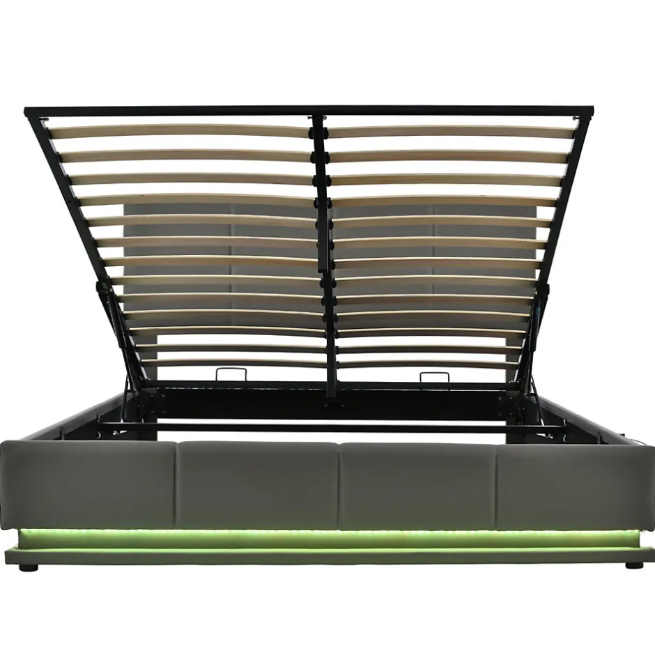 Redom Lit 160x200 cm tapissé gris avec tête de lit rembourrée, coffre de rangement hydraulique et éclairage LED