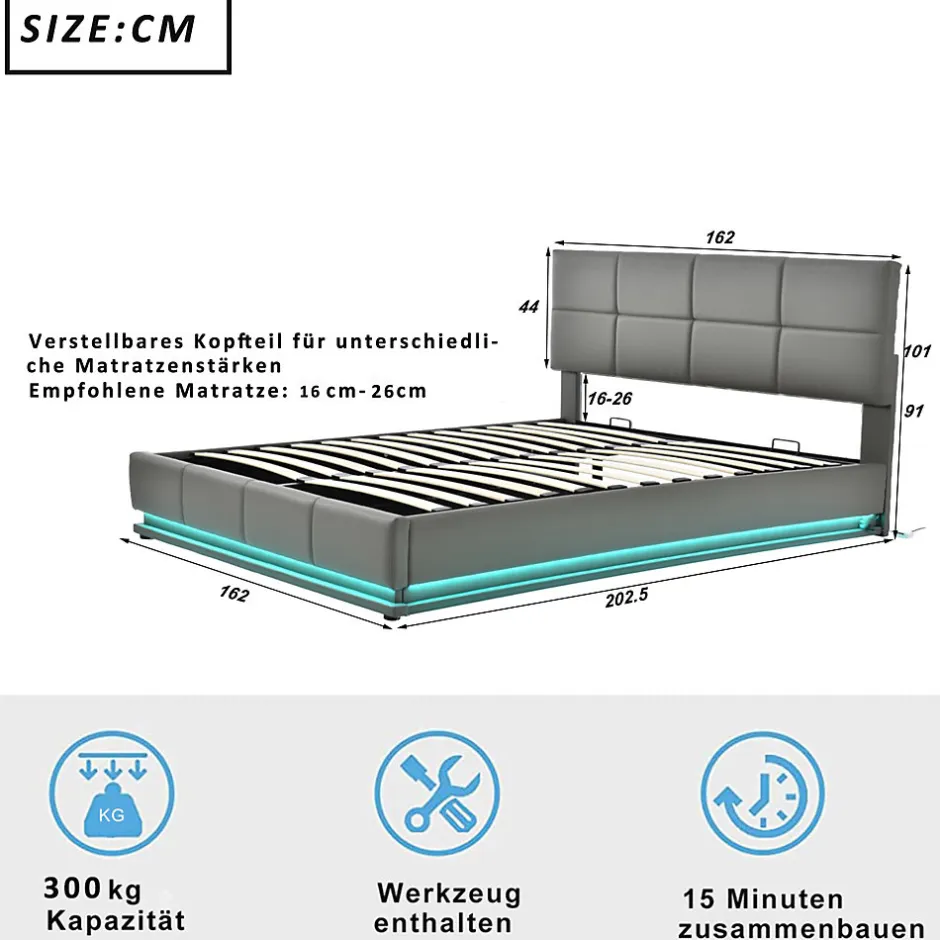 Redom Lit 160x200 cm tapissé gris avec tête de lit rembourrée, coffre de rangement hydraulique et éclairage LED