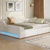 Redom Lit 140x200 cm tapissé lin avec grand rangement sous sommier et bande led 7 couleurs, finition beige élégante