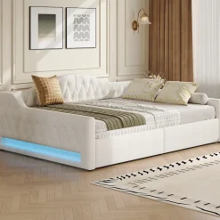 Redom Lit 140x200 cm tapissé lin avec grand rangement sous sommier et bande led 7 couleurs, finition beige élégante