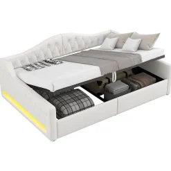 Redom Lit 140x200 cm tapissé lin avec grand rangement sous sommier et bande led 7 couleurs, finition beige élégante