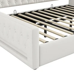 Redom Lit 140x200 cm tapissé lin avec grand rangement sous sommier et bande led 7 couleurs, finition beige élégante