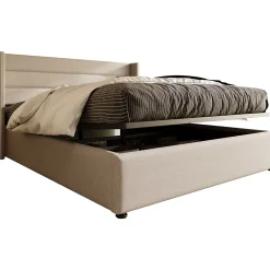 Redom Lit 160x200 cm tapissé lin beige avec coffre de rangement hydraulique, tête de lit rembourrée et cadre robuste Hot