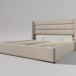 Redom Lit 160x200 cm tapissé lin beige avec coffre de rangement hydraulique, tête de lit rembourrée et cadre robuste Hot