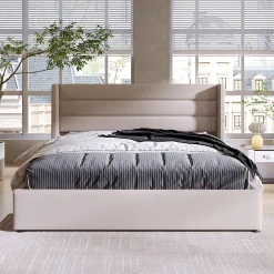 Redom Lit 160x200 cm tapissé lin beige avec coffre de rangement hydraulique, tête de lit rembourrée et cadre robuste Hot
