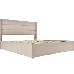 Redom Lit 160x200 cm tapissé lin beige avec coffre de rangement hydraulique, tête de lit rembourrée et cadre robuste Hot