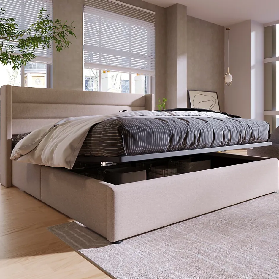 Redom Lit 160x200 cm tapissé lin beige avec coffre de rangement hydraulique, tête de lit rembourrée et cadre robuste Hot