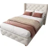 Redom Lit 90x200 cm tapissé lin beige avec tête de lit capitonnée, clous décoratifs et pieds en bois renforcés Best