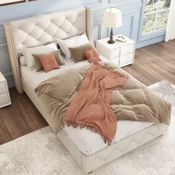 Redom Lit 90x200 cm tapissé lin beige avec tête de lit capitonnée, clous décoratifs et pieds en bois renforcés Best