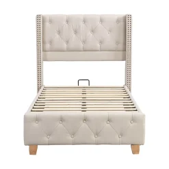 Redom Lit 90x200 cm tapissé lin beige avec tête de lit capitonnée, clous décoratifs et pieds en bois renforcés Best