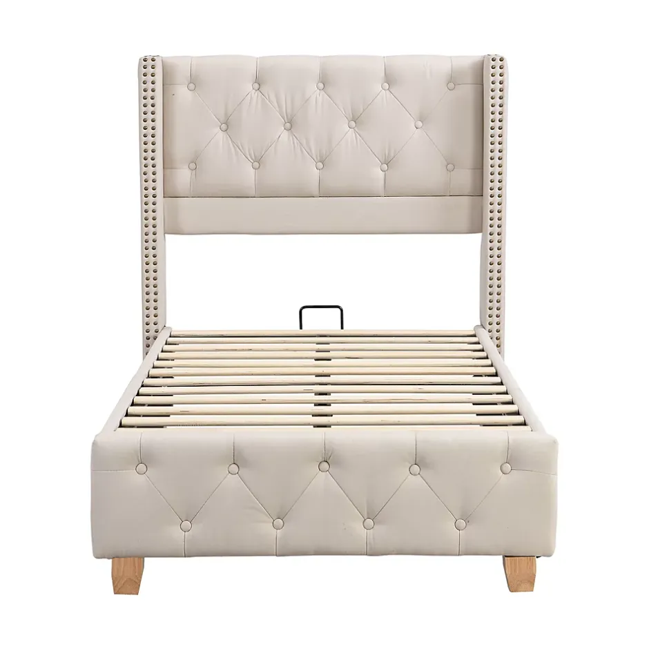 Redom Lit 90x200 cm tapissé lin beige avec tête de lit capitonnée, clous décoratifs et pieds en bois renforcés Best