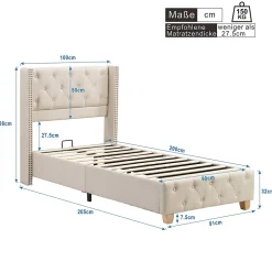 Redom Lit 90x200 cm tapissé lin beige avec tête de lit capitonnée, clous décoratifs et pieds en bois renforcés Best