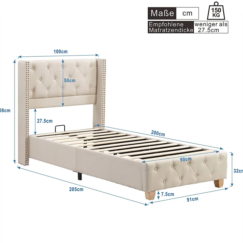 Redom Lit 90x200 cm tapissé lin beige avec tête de lit capitonnée, clous décoratifs et pieds en bois renforcés Best