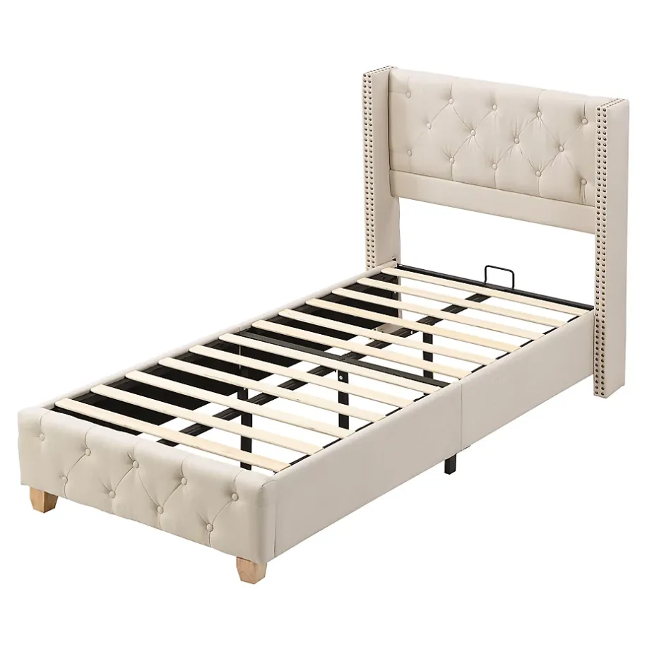 Redom Lit 90x200 cm tapissé lin beige avec tête de lit capitonnée, clous décoratifs et pieds en bois renforcés Best