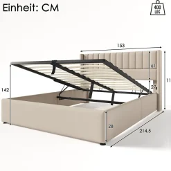 Redom Lit 140x200 cm tapissé lin beige avec rangement hydraulique, tête de lit matelassée à rayures verticales
