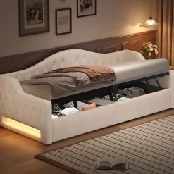 Redom Lit 90x200 cm tapissé lin beige avec rangement sous-lit et bande LED 7 couleurs, cadre bois moderne, 12 lattes Hot